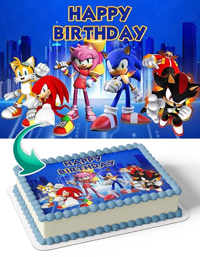 CAKECERY Sonic Retro Style Game Edible Cake Image Topper Birthday Cake Banner 1/4 Sheet