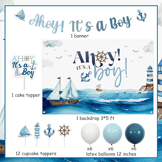 Ahoy Its A Boy Baby Shower Decorations Ahoy It's A Boy Backdrop Banner Nautical Baby Shower Cake Topper Ocean Navy Theme Party Sailor Birthday Ocean Sailing Sailboat Lighthouse Decor