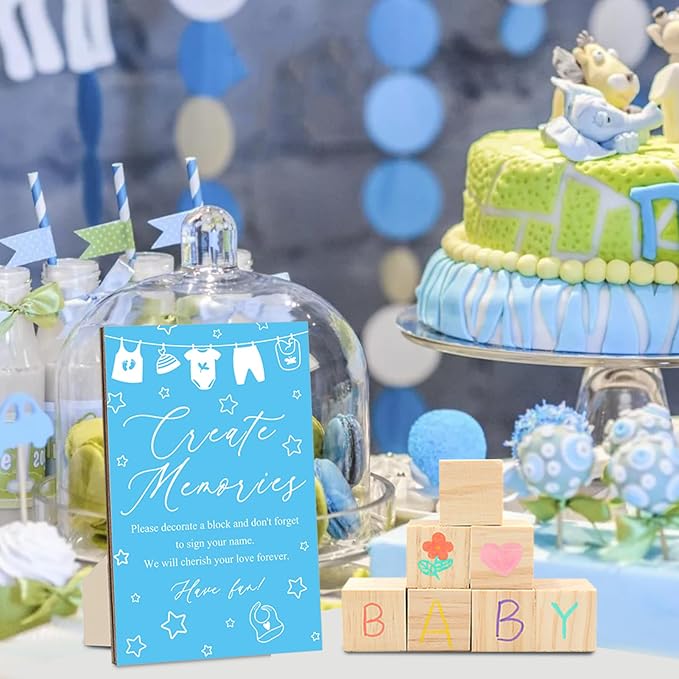 97 Pcs Blue Baby Shower Games Sign Kit,Including Decorate a Block Game Sign 72 DIY Blank Wooden Block 24 Painting Pen to Draw Your Idea for Baby Shower Game Gender Reveal Party