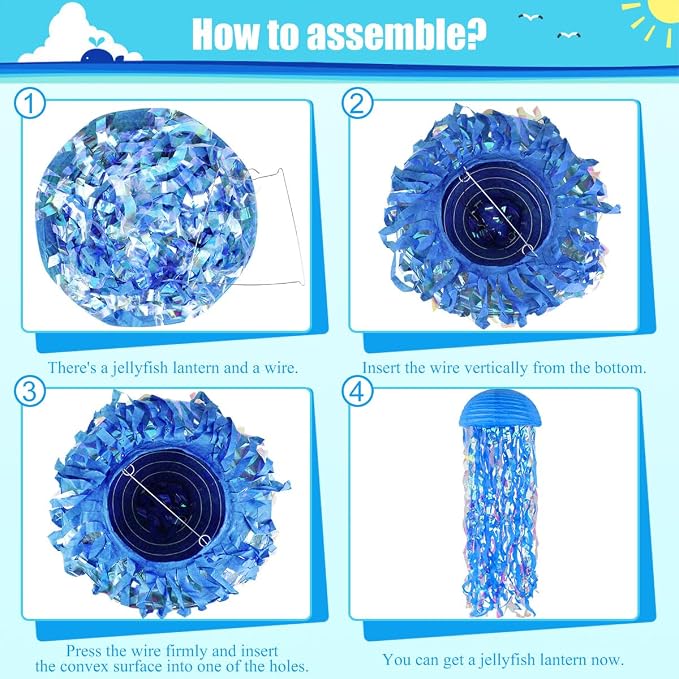 Mermaid Party Decorations, Jellyfish Paper Lanterns Blue White Hanging Lantern for Mermaid Birthday Party Baby Shower Under The Sea Ocean Blue Birthday Decorations Pack of 8