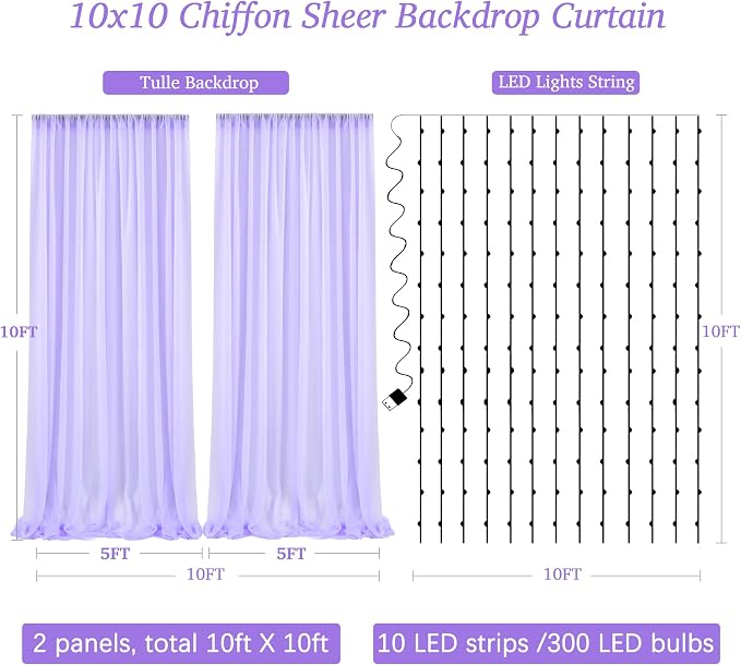 10ft x 10ft Lavender Chiffon Backdrop Curtain with Lights String for Parties,2 Panels Sheer Tulle Curtain Wedding Photo Backdrop with Lights for Baby Shower Birthday Party Ceremony Home Decorations