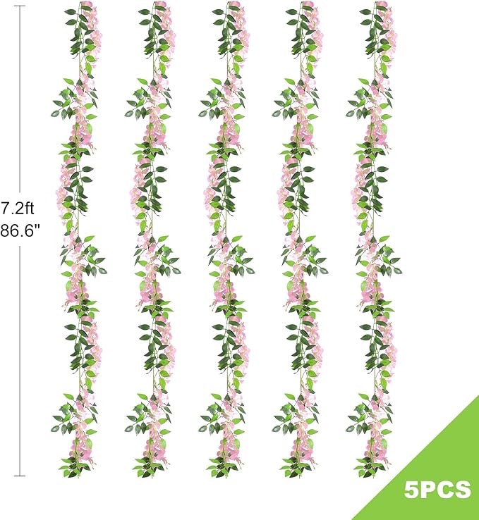 Findosom Wisteria Artificial Flowers Garland, 5Pcs Total 36FT Pink Wisteria Hanging Flowers, Flower Garland Decorations for Home Garden Outdoor Ceremony Wedding Arch Decoration