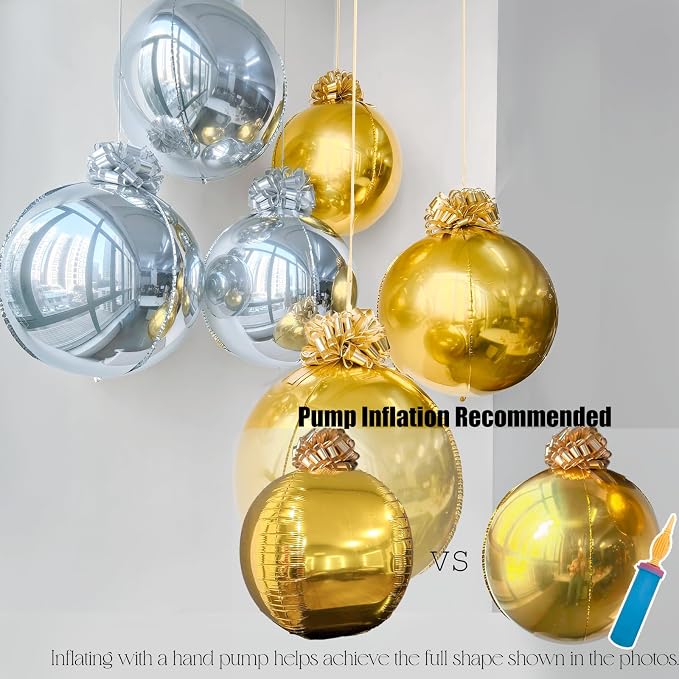 6 Pack 4D Gold and Silver Orb Balloons - 22 Inch Large Metallic Sphere Mylar Balloons with Pull Bows, Hanging Ceiling Ornaments for New Year, Birthday, Wedding, Anniversary Party Decorations