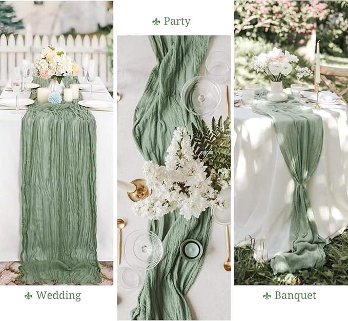 Pesonlook 8 Pack Boho Rustic Sage Green Cheesecloth Table Runner, 35x157 Inch, Textured Pattern, Wedding Party Bridal Shower Decoration