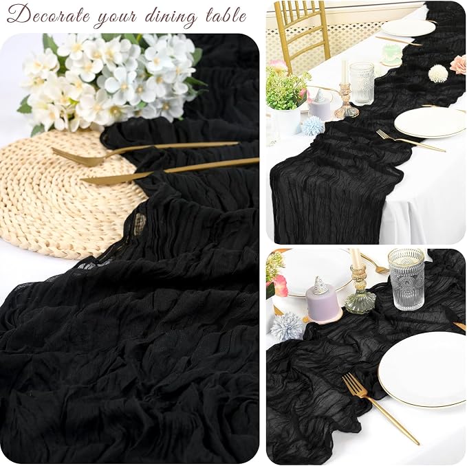 20 Pack Cheesecloth Table Runner 17 x 108 inch Long Boho Gauze Table Runners Semi Sheer Table Runner for Wedding Decor, Baby Shower, Birthday Party, Banquet (Black)