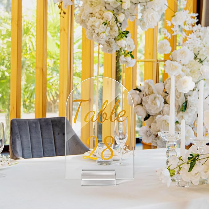 Qunclay 40 Pack 5 x 7 Inch Gold Acrylic Wedding Table Number 1-40 Clear Table Stand with Numbers Calligraphy Number Holders Signs for Wedding Reception Birthday Party Decorations