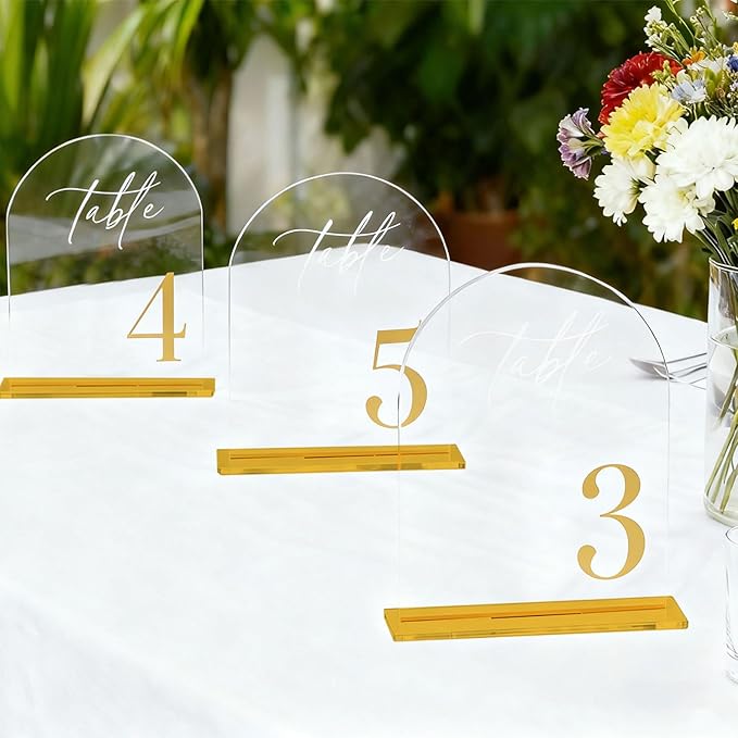 Arch Wedding Table Numbers 1-10 with Stands,5 x 8 Inch Transparent Acrylic Reception Table Signs Golden Letters,Perfect for Wedding Receptions, Parties, Anniversaries, and Events (1-10 golden)