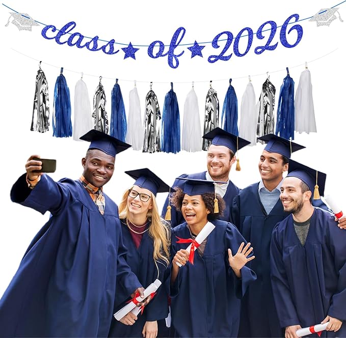 Navy-Blue White Silver Graduation Party-Decorations Garland - 31pcs Congrats Grad Class 2026 Banner,Hat Hanging Streamers,College High School Congratulations Master Classroom Backdrop Decor Burgleda