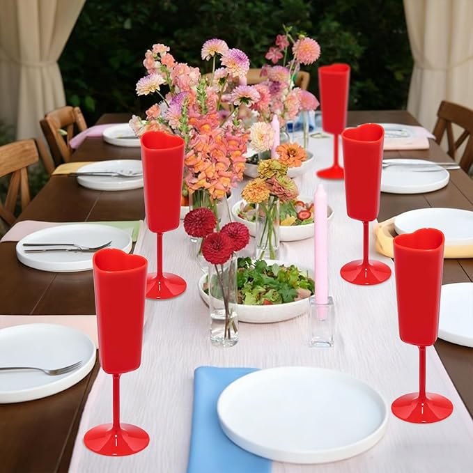 Valentines Day Heart Shaped Wine Glass 6 OZ Elegant Plastic Reusable Wedding Champagne Flutes Galentines Party Acrylic Wine Colored Cups Mimosa Cocktail Toasting Goblets for Birthday Bridal (Red,48)