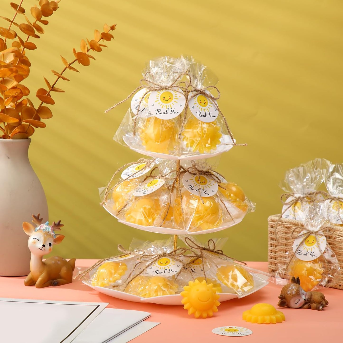 Demissle 20 Pcs Sun Soap Baby Shower Favors for Sunshine Party Here Comes the Son Baby Favors Mini Handmade Soap Gifts with Thank You Card for Guest Gender Reveal Party Decor(Yellow)