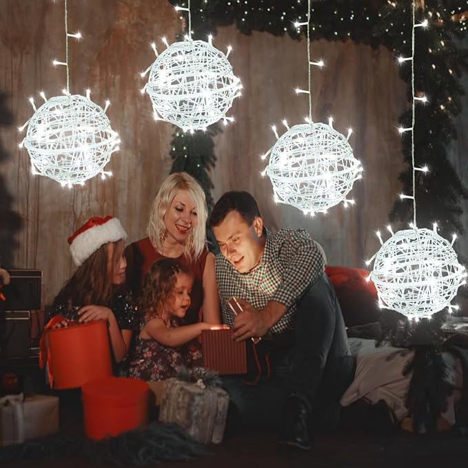 SenLuKit Outdoor Christmas Balls 4 Pack Hanging 11.8" LED Garden Sphere Tree Lights 8 Modes Waterproof String with Memory Timer Plug for Party Yard Porch Eave Patio Home Decoration-Cool White