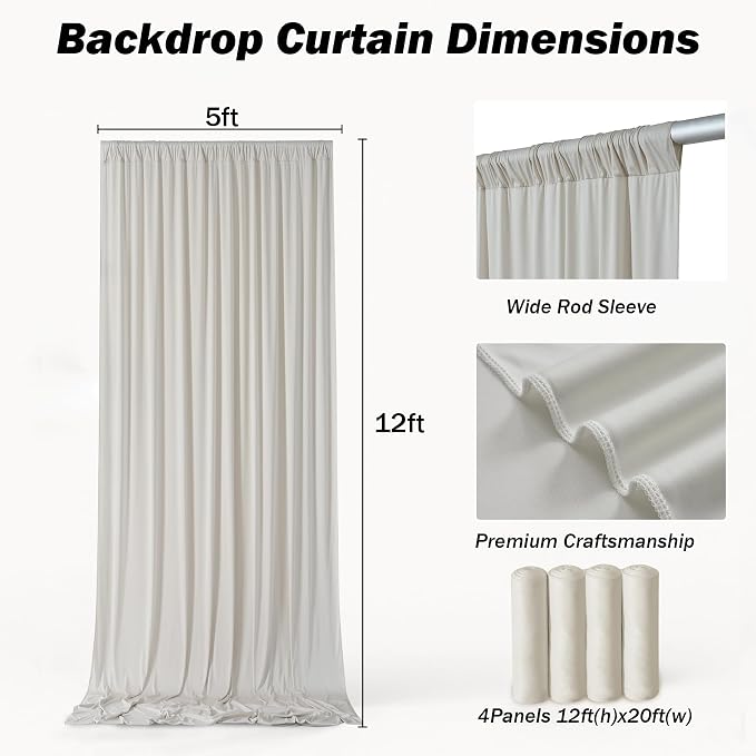 20ft×12ft Beige Backdrop Curtain for Wedding Parties, 4 Panels Wrinkle Free Polyester Photo Backdrop Drapes Back Drop Cloth for Birthday Photography Background