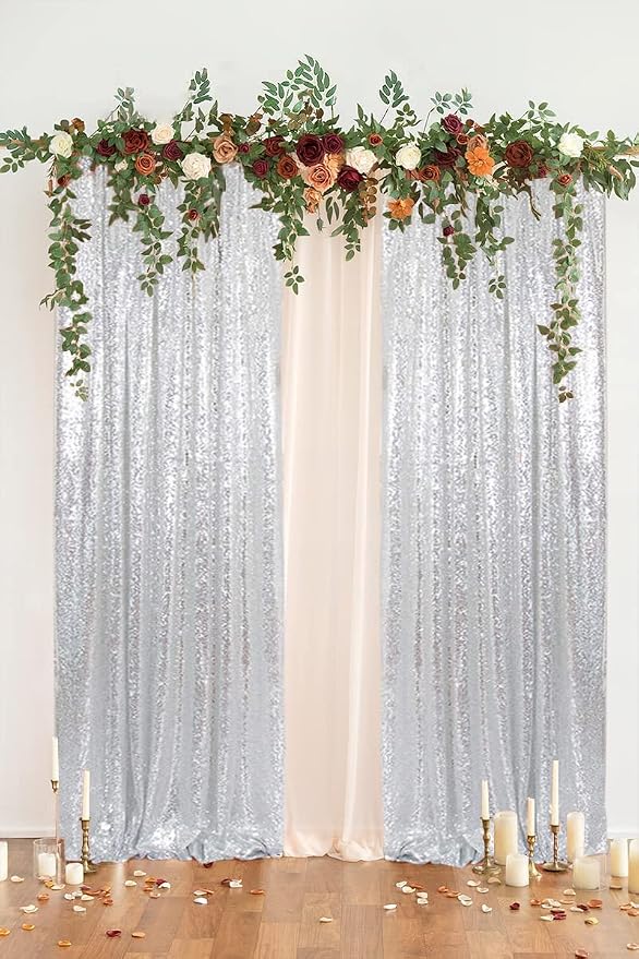 PartyDelight Silver Sequin Backdrop Curtains 2x8ft 2 Panels | 3mm stitched sequin curtain with 4 inch rod pocket for 2x8ft 2 panel doorway window side drape narrow photo booth strip