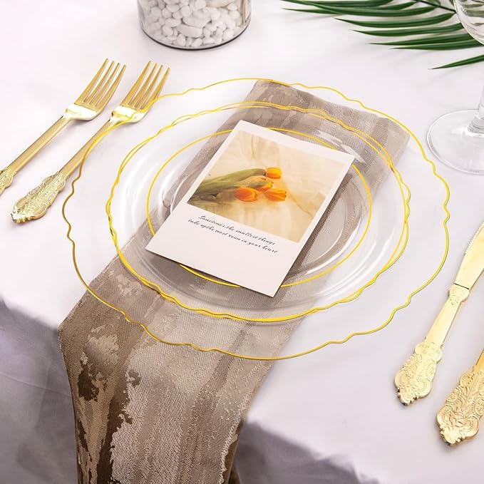 WDF 100pcs Clear Disposable Plastic Plates With Gold Trim - Baroque Clear Gold including 50PCS Dinner Plates 10.25inch and 50PCS Salad Plates 7.5inch for Wedding Baby Shower Spring Birthday