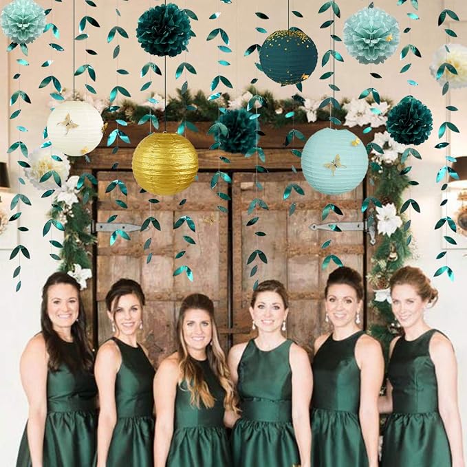 Hunter Green and Gold Hanging Tissue Lantern Flowers Pom Pom with 3D Butterflies Leaf Garland Streamer for Botanical Wedding Bridal Baby Shower Birthday Engagement Bachelorette Party Decorations