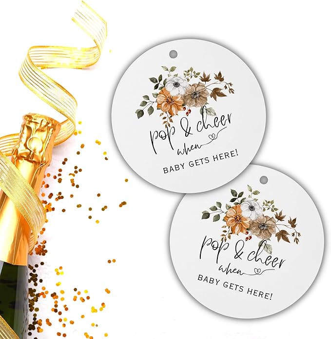 Pop It When She Pops Boho Mini Champagne Fall Hang Tags | 30 pk 2.5” with Holes Neutral Floral Labels for Baby Shower Bubbly Wine Stickers