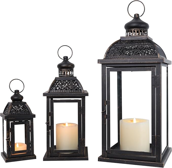 Lanterns Decorative Indoor&Outdoor, 20’’&14’’&10’’ Extra Large Metal Candle Lanterns, Vintage Candle Holders Farmhouse Shelf Wedding Front Porch Patio Decor, Christmas Halloween Decorations for Home