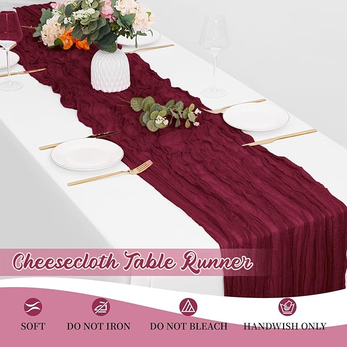 8 Pack Burgundy Cheesecloth Table Runners 20x120 Inch Gauze Table Runner 10FT Easter Cheese Cloth Table Runner Rustic Sheer Runner for Wedding Baby Shower Birthday Party Table Decor