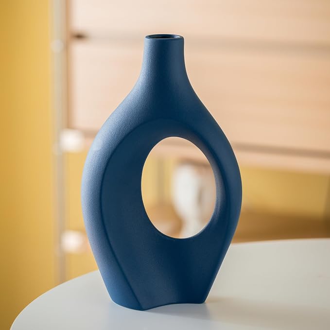 Lvases Snuggle Hollow Ceramic Vase Set of 2, 11 Inch Navy Blue | Nordic Boho Decor Home Flower Vases, Perfect for Living Room Coffee Table, Bookshelf Mantle & Entryway Pampas Grass Display