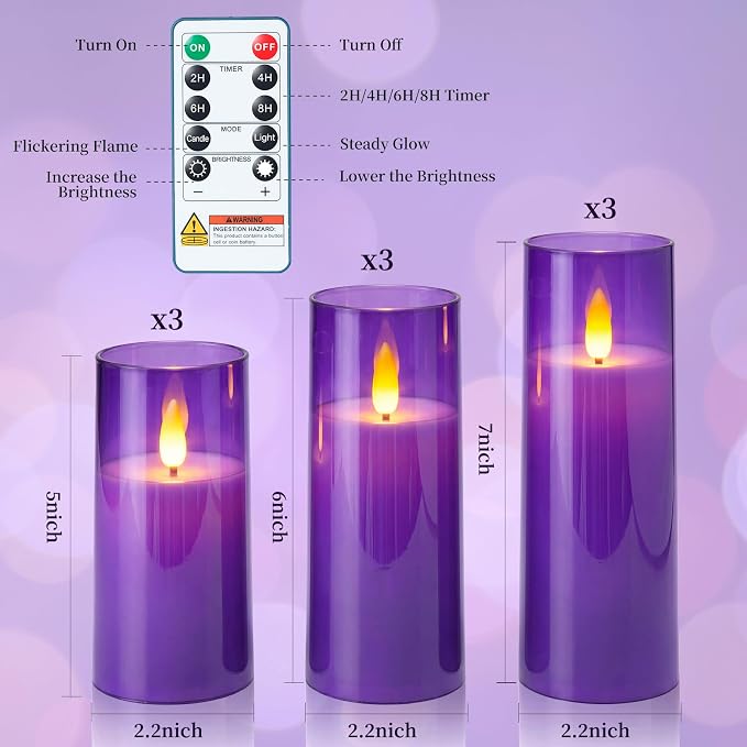 Homemory Purple Battery Operated Flameless Candles with Remote and Timer, Flickering LED Pillar Candles, Acrylic Decorative Candles for Home Decor, Weddings, Parties and Holidays, 9 Pack