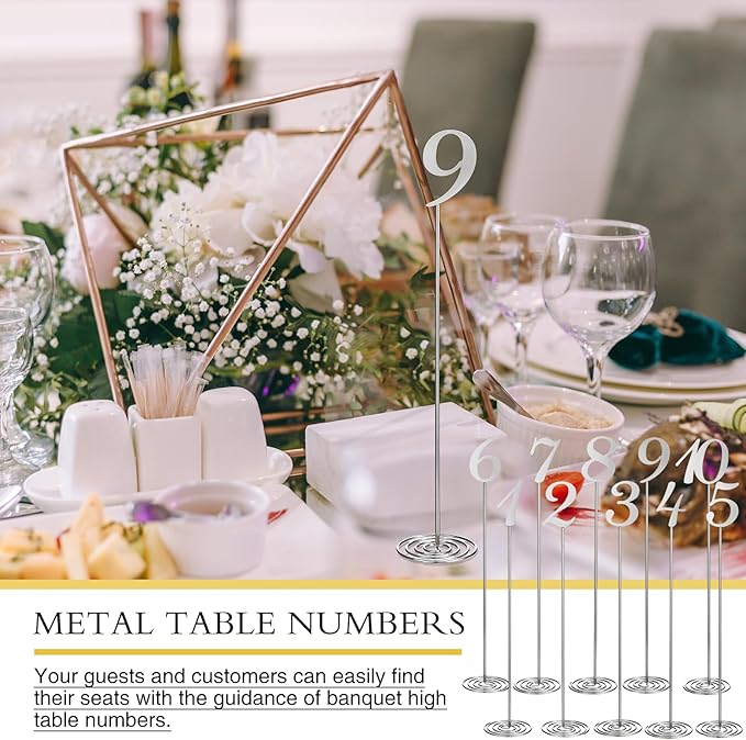 Therwen 20 Pcs Metal Table Numbers 1-20 Table Numbers for Wedding Reception 12 Inch Stainless Steel Party Desk Figure with Sturdy Holder Base for Banquet Wedding Party Event Catering(Silver)