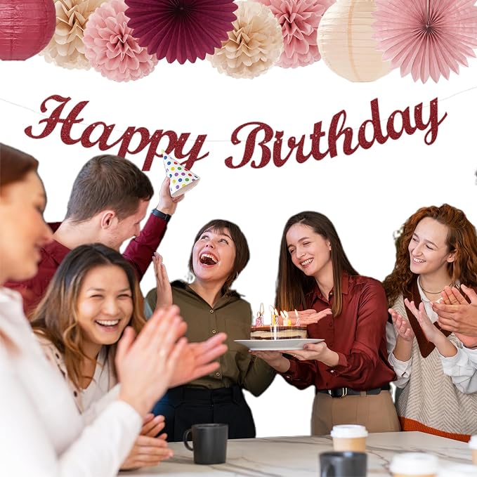 Rose-Gold Burgundy Champagne Women Birthday Party Decorations Hugmoon | 31pcs 67 50th Cherry Pastel Girls Banner,Paper Lanterns,Streamers, Pom Poms Fans,Tassel Garland Birthday Kit Decor Backdrop