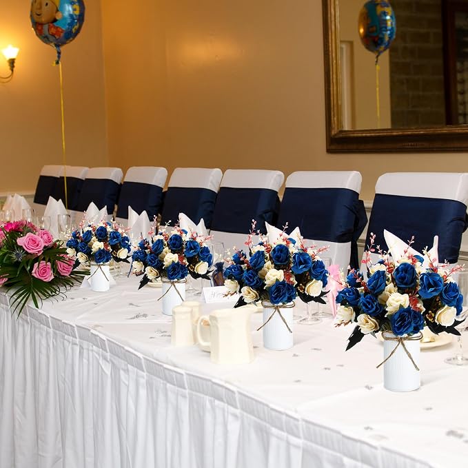 Domensi 12 Sets Wedding Centerpiece for Table Artificial Rose with Vase Fake Bouquets and Metal Pot Flower Arrangements for Bridal Shower Birthday Party Event Table Decor (Dark Blue)