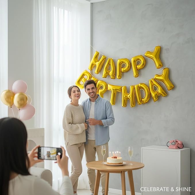 Gold Happy Birthday Banner Foil Letter Balloon, 14 Inch 3D Inflatable Party Decor Reusable Mylar Foil Letters, Birthday Decorations for Women Men Kids (Birthday Banner 2)