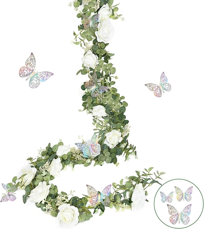 Yastouay 6 Ft White Flower Garland with 3D Butterfly, Artificial Eucalyptus Garland with Flowers Fake Rose Vine for Table Centerpiece Wedding Arch Baby Shower Party Room Backdrop Decor