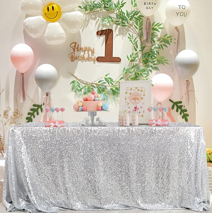 MoKoHouse Tablecloth Rectangle 90x156 Silver Sequin Table Cloth Seamless Glitter Fabric for Home Party Wedding Decor Christmas Decorations
