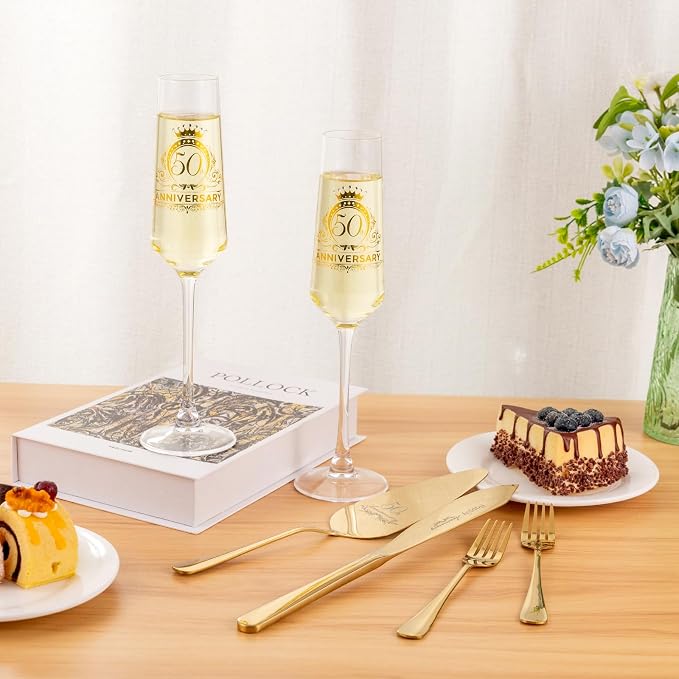 50th Wedding Anniversary Champagne Flutes Gifts, 50th Anniversary Decorations Gold Cake Cutting Set for Wedding Anniversary 50th Gifts for Parents
