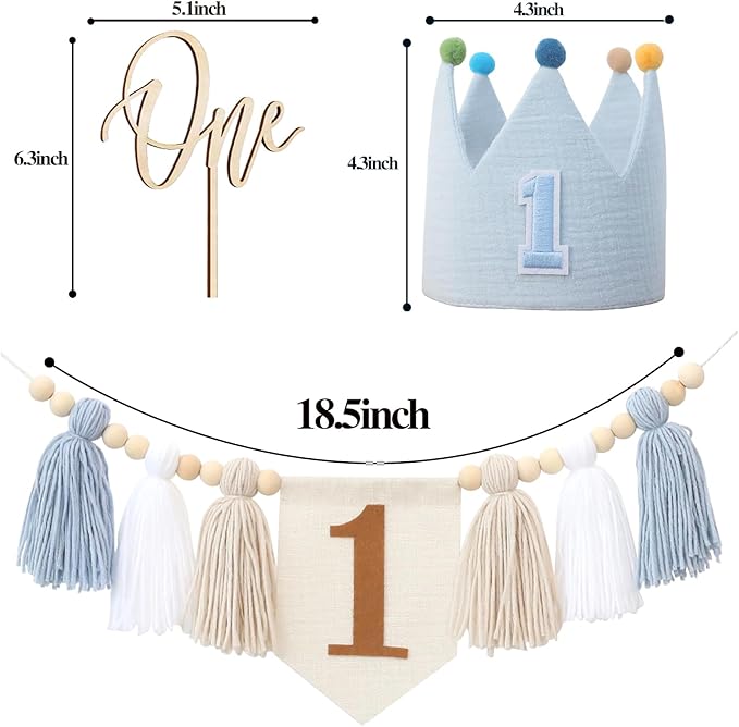 Blue Baby Boy 1st High Chair Banner Wood Bead Tassel Garland Crown Hat Wooden Cake Topper Birthday Party Decorations