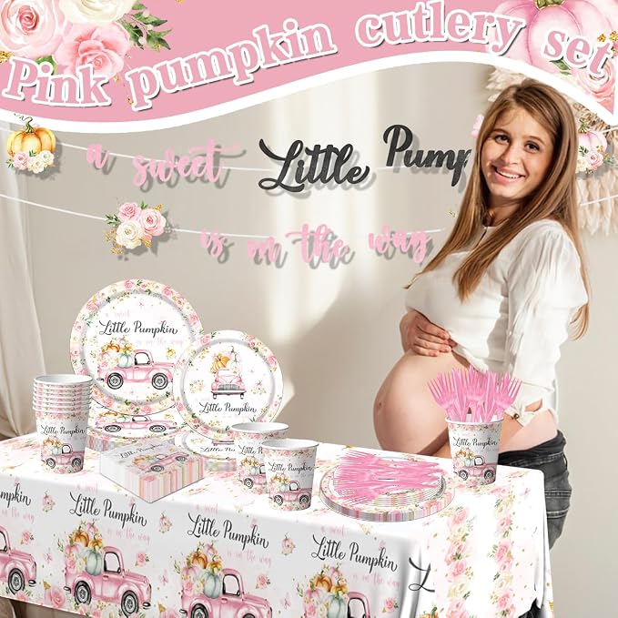 Little Pumpkin Baby Shower Party Decorations Tableware,142Pcs A Sweet Little Pumpkin is On The Way Girl Pink Floral Truck Disposable Tablecloth,Plates,Napkins for Autumn Fall Thanksgiving Supplies