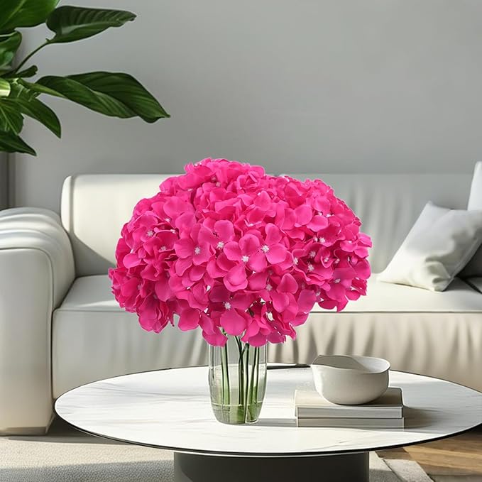 AVIVIHO 10pcs Hot Pink Fake Flowers Hydrangea Artificial Flowers Bulk (Not Squished, No Steaming Need) Silk Flowers with Stems for Wedding Decor,Home,Baby Shower,Table Centerpieces Decoration