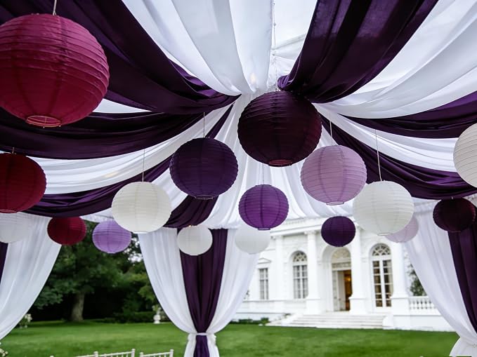 Purple & Cream White Paper Lanterns Set (12 Pcs) - 6/8/10 Inch Hanging Lanterns for Weddings, Women’s Professional Parties, Birthdays & Home Decor