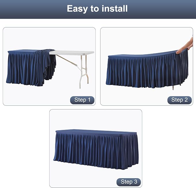 2 Packs Navy Blue Polyester Table Clothes for 8 Foot Rectangle Tables, Wrinkle Free Fitted Table Cover 8ft Stretch Tablecloths with Skirt for Parties Weddings Birthday Banquet Baby Shower
