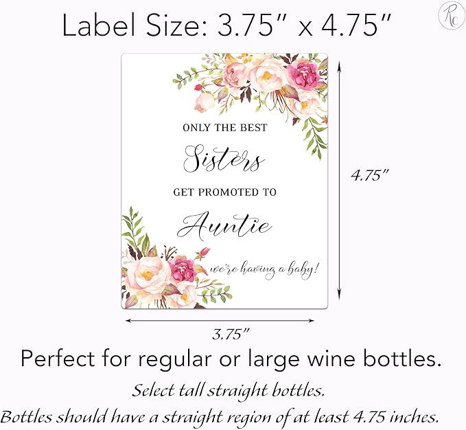 FAMILY & FRIENDS Pregnancy Announcement Wine Labels ● SET of 6 ● 2 Best SISTERS + 4 Best FRIENDS Get Promoted to AUNTIE Label, Baby Reveal Card alternative, Waterproof (Floral)
