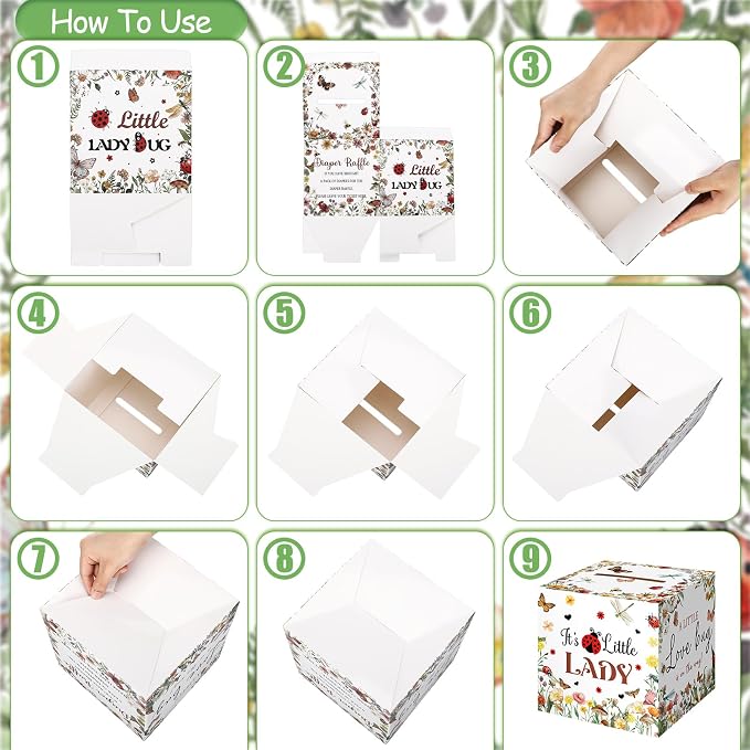 Teling 51 Pieces Diaper Raffle Tickets Box with Card Baby Shower Decorations Gender Reveal Holder Box for Girl Boy Diaper Raffle Party (Love Bug Style)