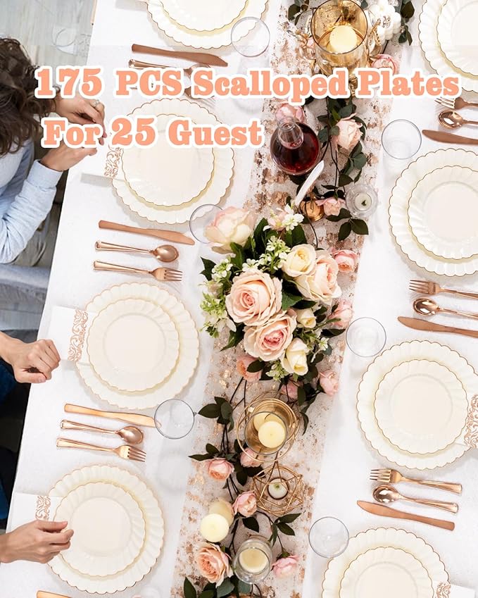 YOUBET 175PCS Ivory Scalloped Plastic Plates - Rose Gold Disposable Dinnerware Set Include 50 Plates, 75 Rose Gold Silverware, 25 Cups, 25 Napkins for Party & Wedding & Baby Shower