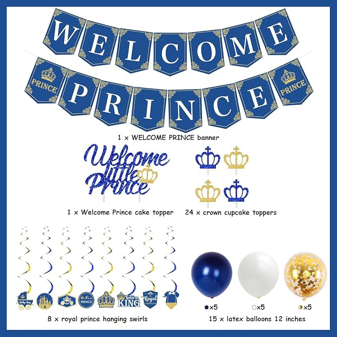 Royal Prince Baby Shower Decorations for Boy - Welcome Prince Banner Hanging swirls Navy Blue and Gold Glitter Cupcake Toppers Crown Foil Balloons Prince Baby Shower Birthday Party Supplies