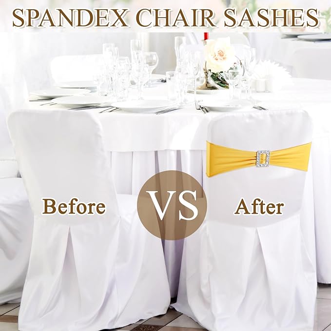 VitalCozy 100 Pcs Spandex Chair Sashes with Square Buckle Slider Stretch Chair Cover Band Universal Elastic Ties Straps Bows for Wedding Banquet Event Party Decoration(Gold)