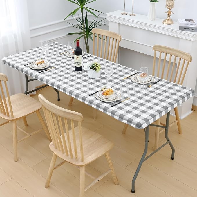 Smiry Picnic Table Cloth 4 Pack, Waterproof Elastic Fitted Tablecloths for 24x48 Rectangle Tables, Washable Polyester Buffalo Plaid Tablecloth for Camping, Dining & Outdoor (Grey & White, 24" x 48")