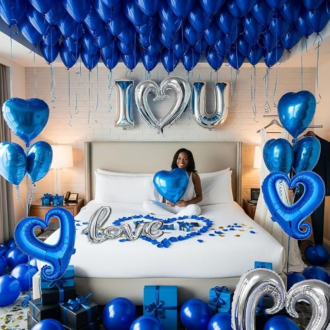 I Love You Balloons for Him/Her Balloons Royal Blue Sliver romantic balloon kit with blue heart mylar balloons blue rose petals for hotel Decorations Valentines Party wedding anniversary supplies
