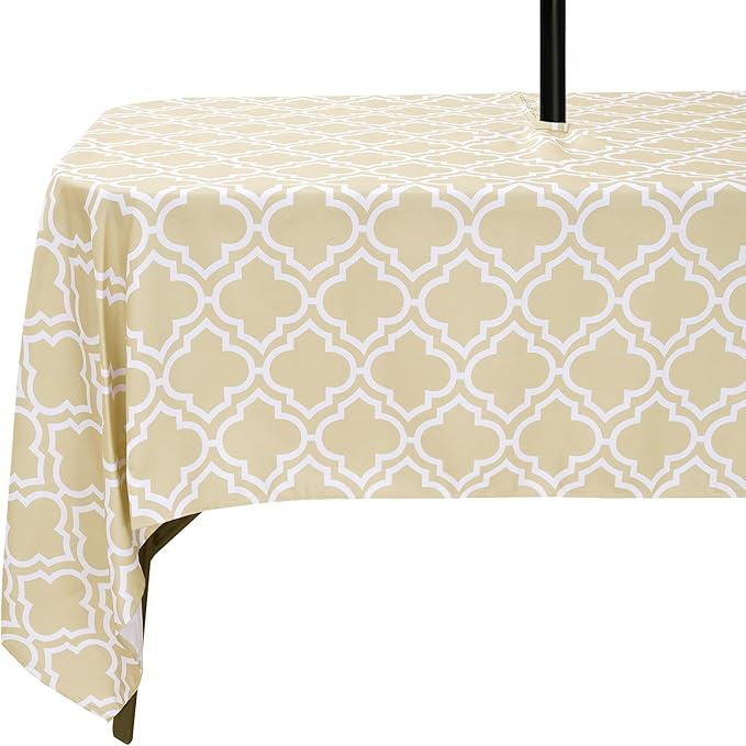 Poise3EHome Outdoor Tablecloth Rectangle with Umbrella Hole Waterproof Spillproof for Patio Table Picnic Camping Spring Summer, Khaki (60X104 Zipper)