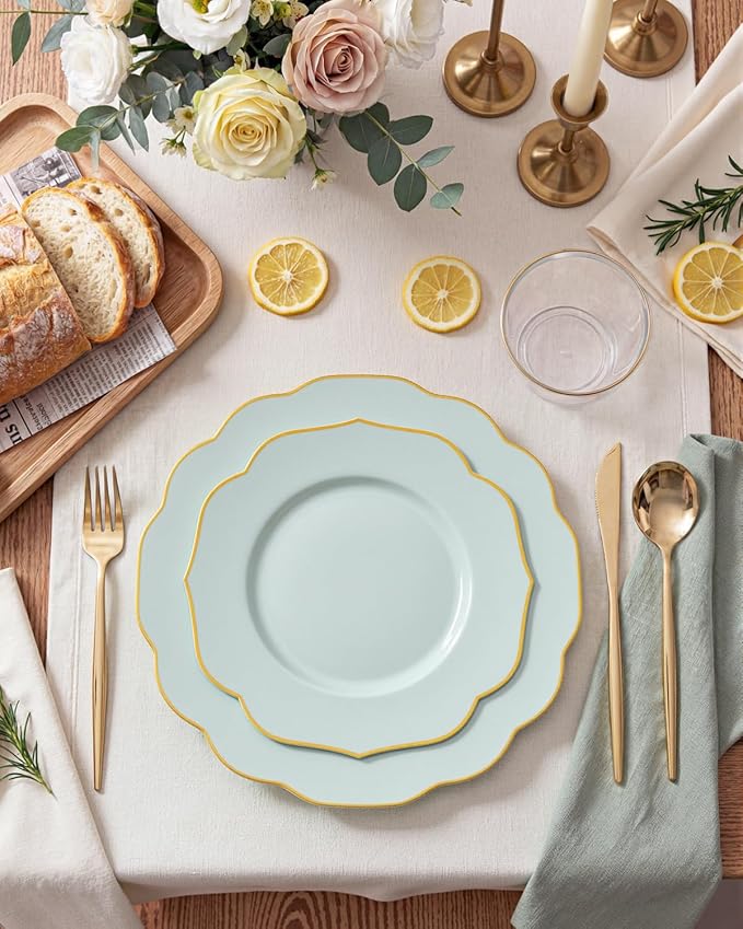 bUCLA 180PCS Green Plastic Plates - Disposable Sage Green with Gold Rim - Include 30 (Dinner & Dessert) Plates, 30 Knives, 30 Forks, 30 Spoons and 30 Cups for Party, Spring & Shower
