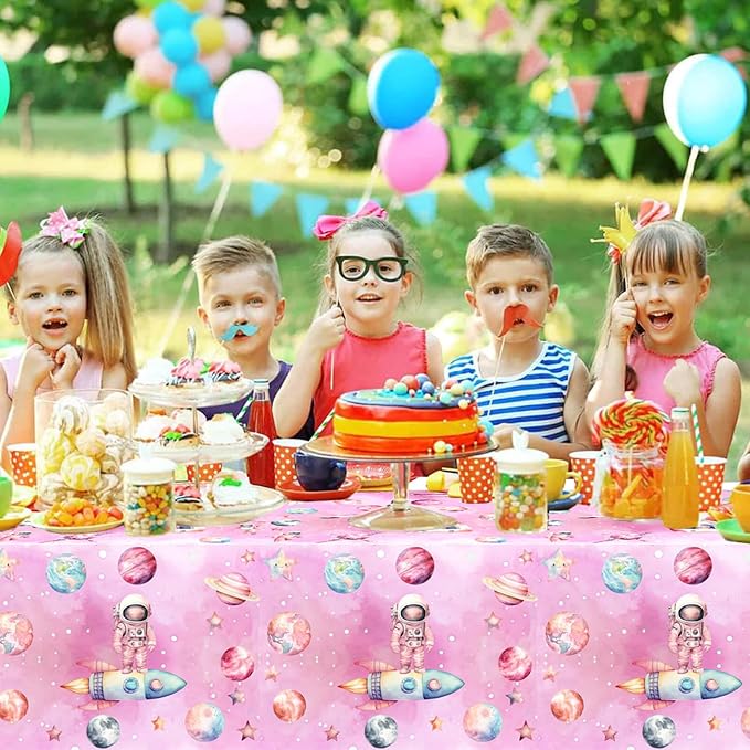 198 Pcs First Trip Around The Sun Birthday Decorations Pink Outer Space One Year Old Tableware Includes Backdrop, Banner, Cake Cupcake Topper, Plates, Cups, Tablecloth for Space Theme 1st Birthday