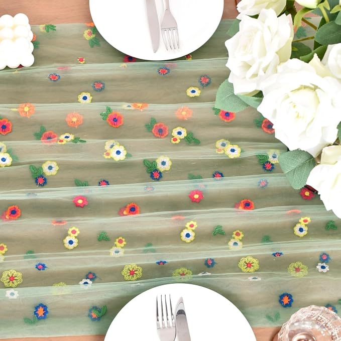 Joanlody 3pcs Sage Green Summer Flower Table Runner 10ft Embroidery Daisy Floral Seasonal Tulle Table Runner for Home Garden Tea Party Holiday Birthday Decoration
