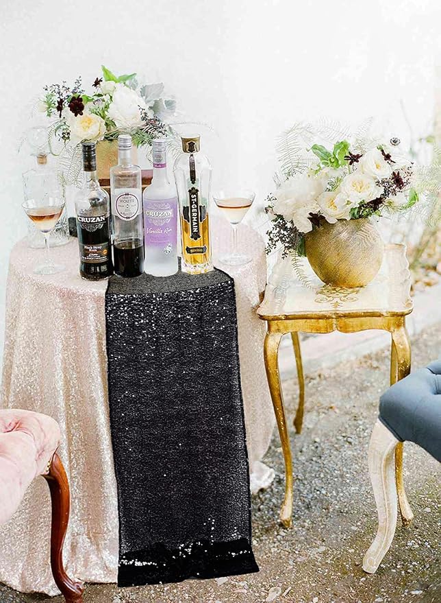ShinyBeauty Black Table Runner 12" x 108" Sequin Table Runner Glitter Runner for Table Fall Table Runner Halloween Party Table Overlay
