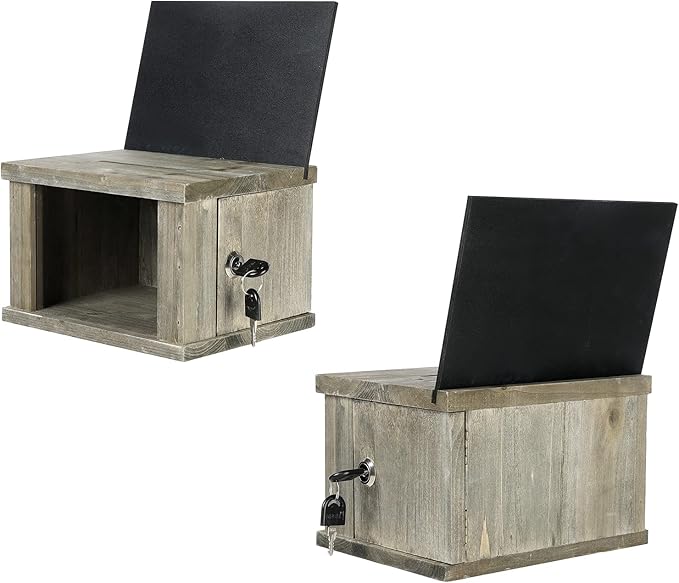 MyGift 2 Pcs Suggestion Box, Tip Jar, Comment Box and Money Donation Collection with Lock, Key, and Interchangeable Acrylic and Chalkboard Sign Holder, Vintage Gray Brown Solid Wood