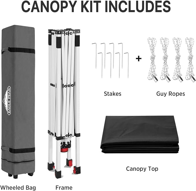 EAGLE PEAK Pop Up Canopy Tent with Wheeled Carry Bag, 8 Stakes, 4 Ropes, Easy Set Up Tent Canopy, 8x8 ft, Black